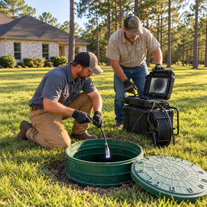 Crew running a camera inspection through an open septic tank riser