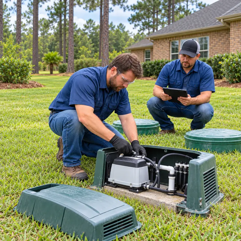Technician servicing an aerobic septic system air pump