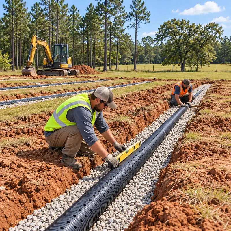Crew leveling perforated drain field pipe on gravel in a trench